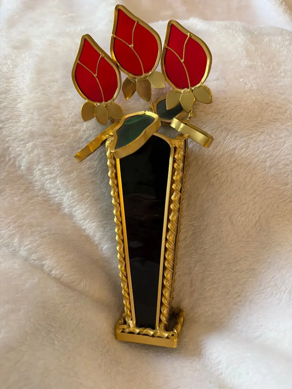 Rare Vintage Stained Glass Style Red Tulip Flower Vase Gold Tone Decor